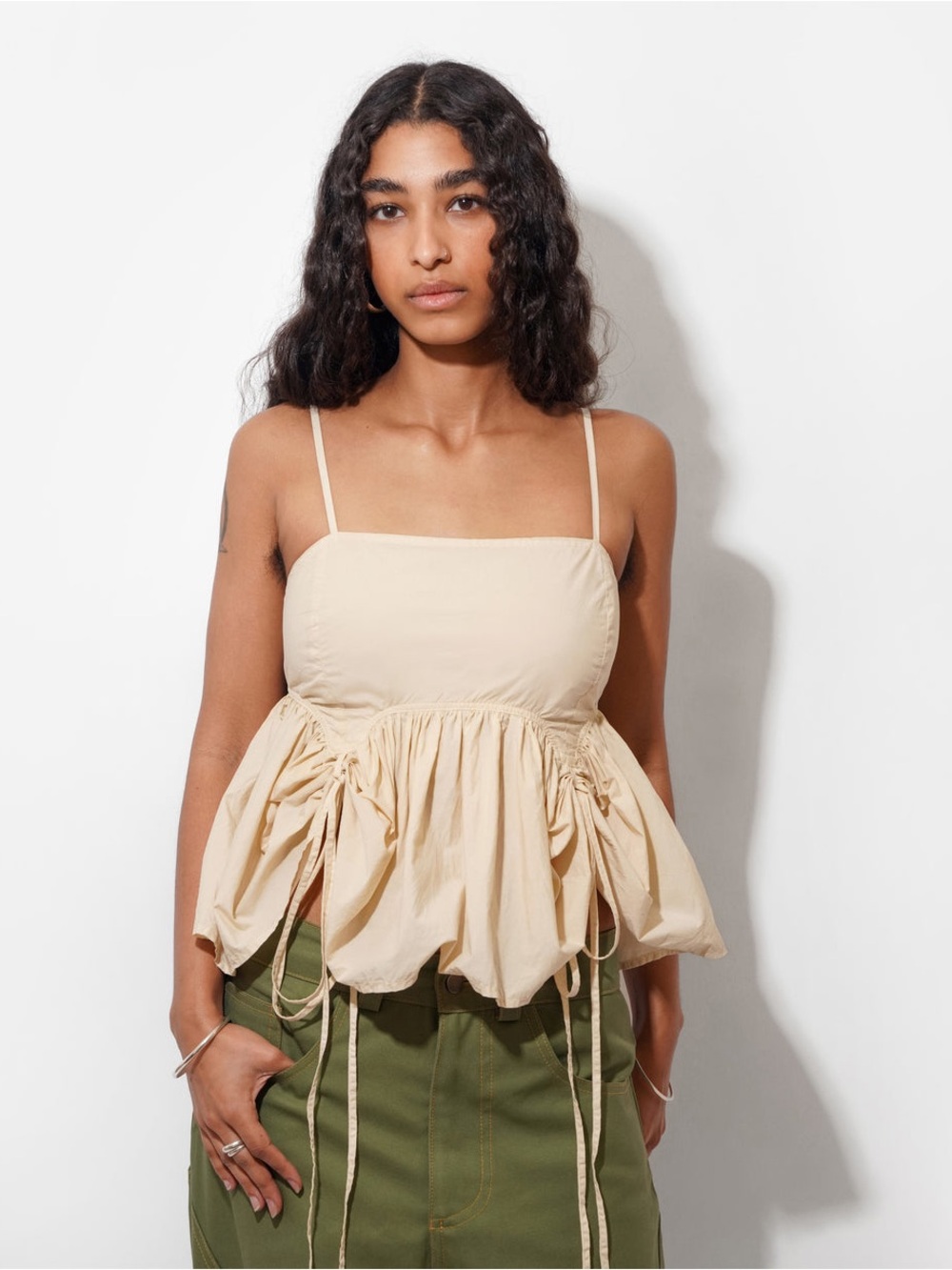 Beige Drawstring Peplum Cami Tank Top